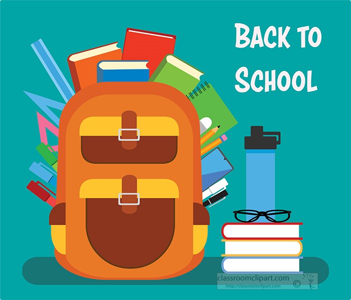 Back to School in white font with a blue background; various school supplies 